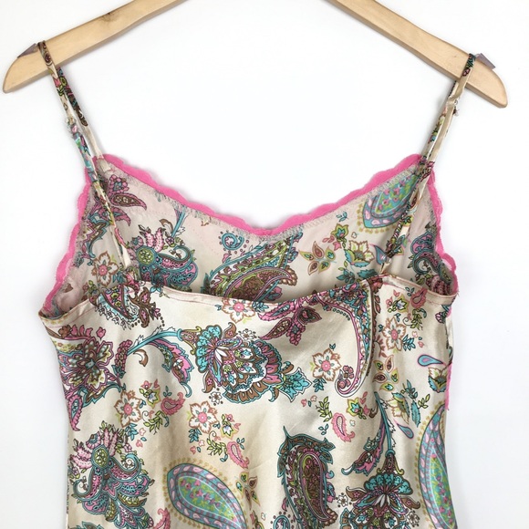 Vintage Y2K Satin Tank Top Camisoles Tan Pink Lace Trim Empire Waist Babydoll - Picture 9 of 11